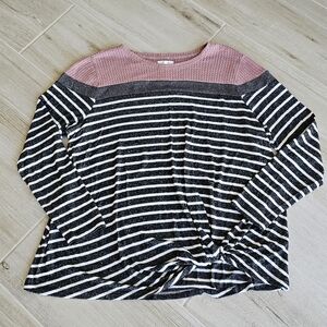 Maurices Pink and Dark Gray Striped Long Sleeve Top With Twist Detail Size 1X